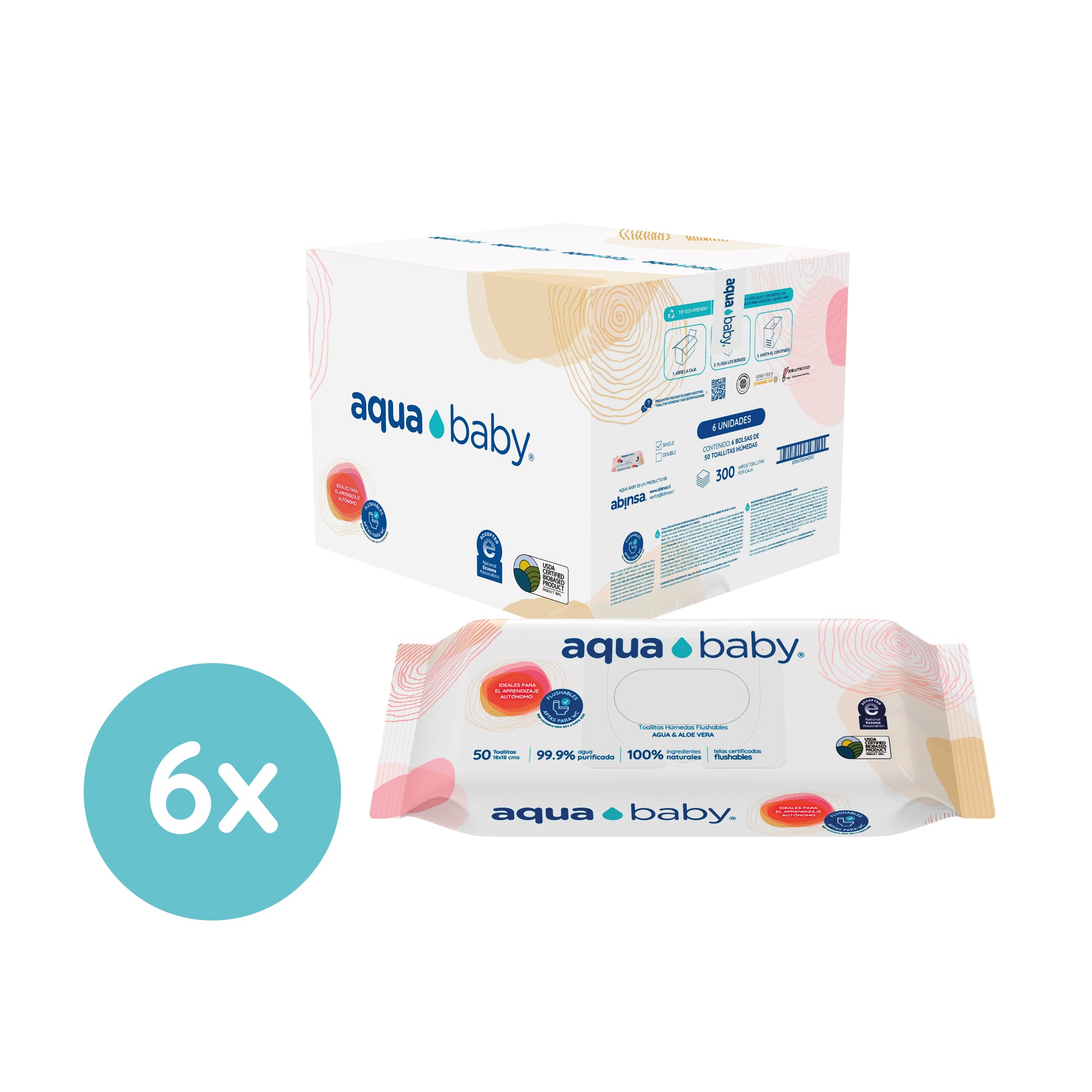 Aqua Baby Flushables 6 Bolsas de 50 Toallitas Húmedas