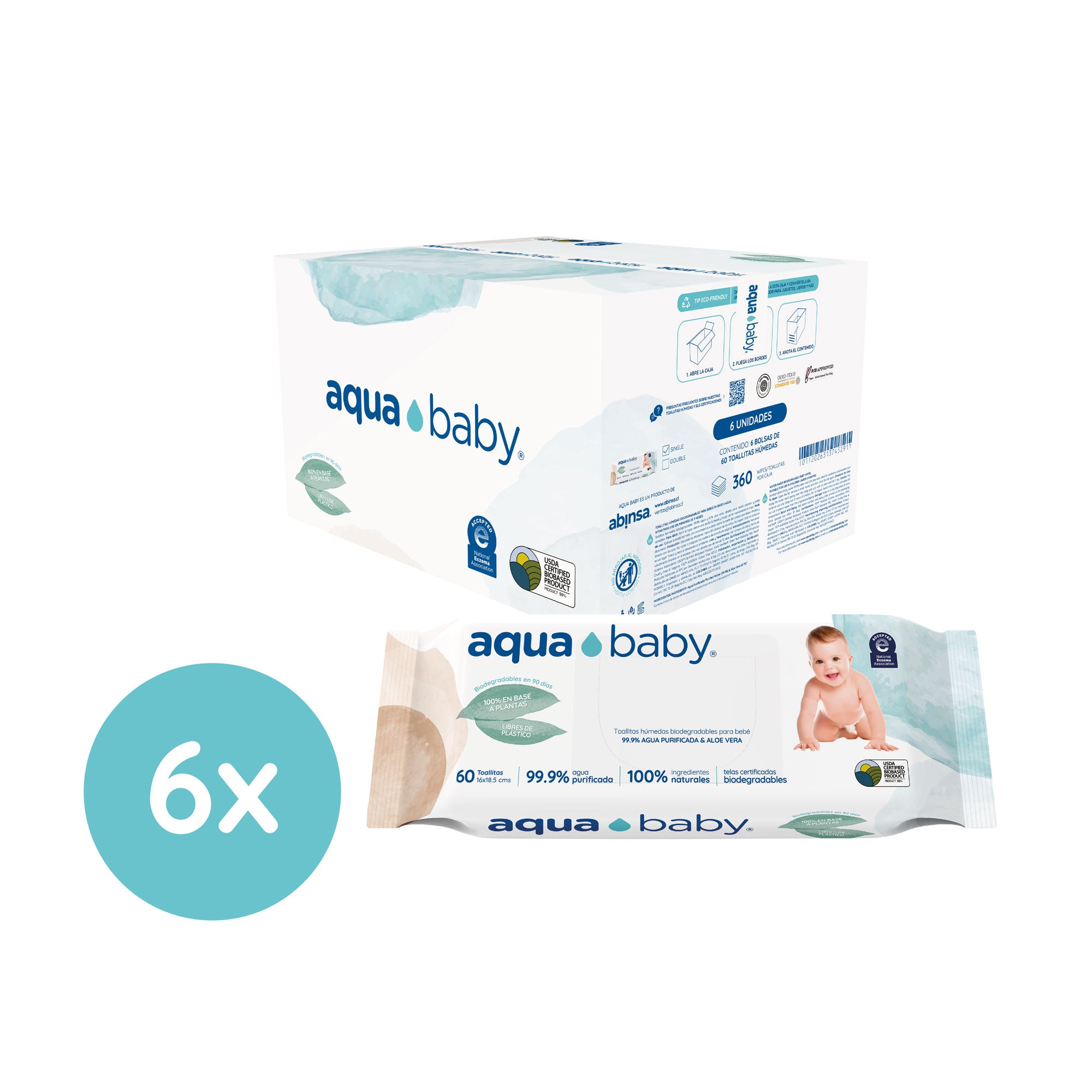 Aqua Baby Biodegradables 6 Bolsas de 60 Toallitas Húmedas