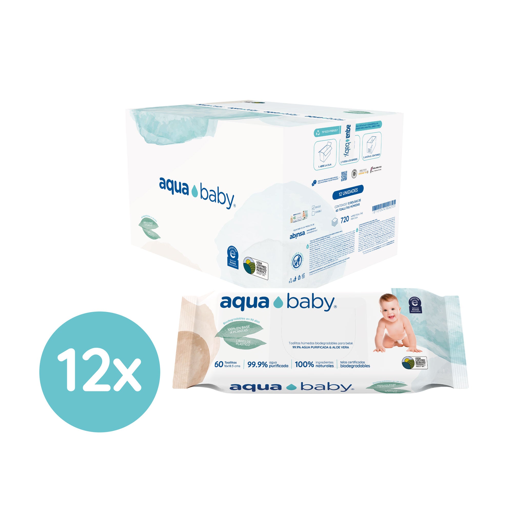 Aqua Baby Biodegradables 12 Bolsas de 60 Toallitas Húmedas