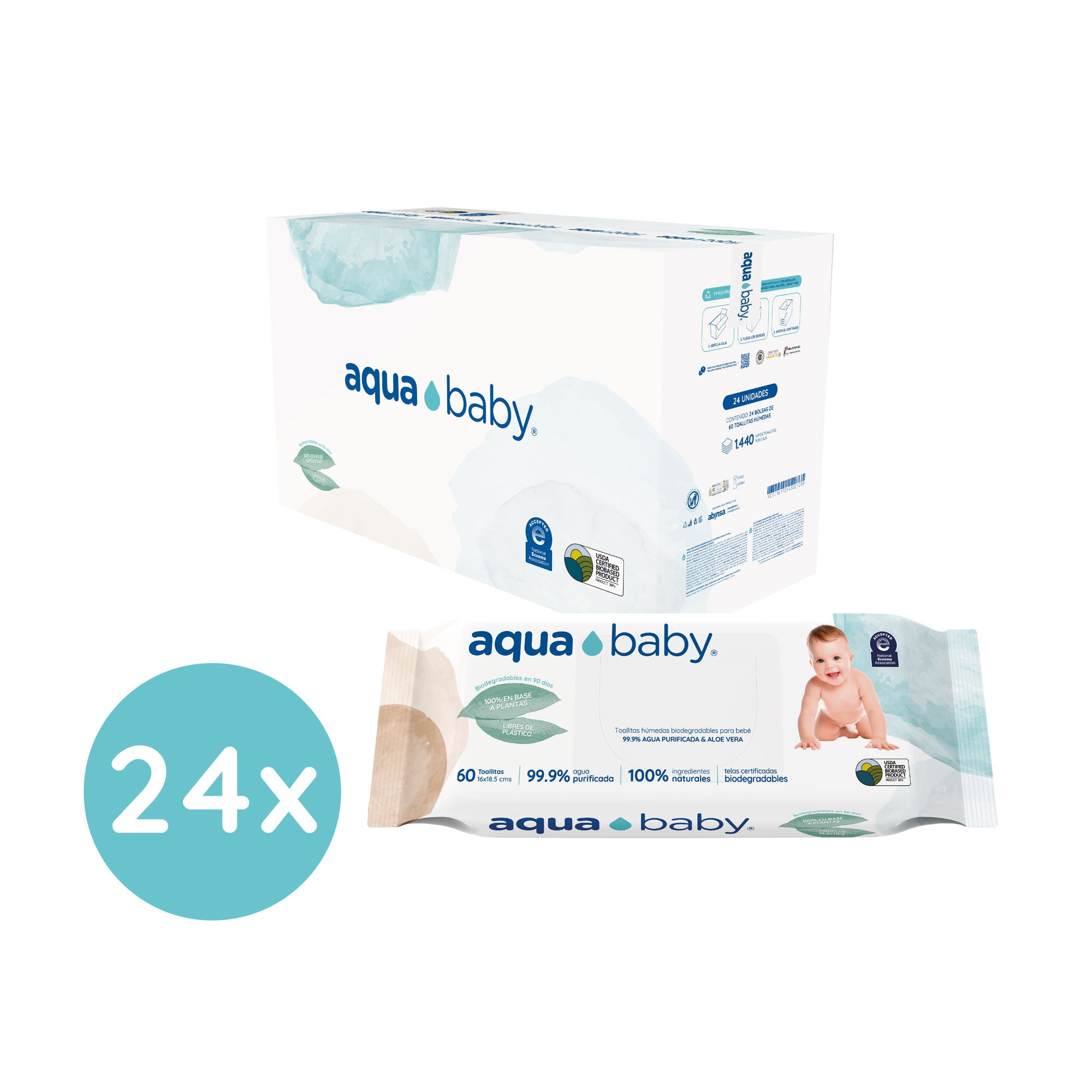 Aqua Baby Biodegradables 24 Bolsas de 60 Toallitas Húmedas